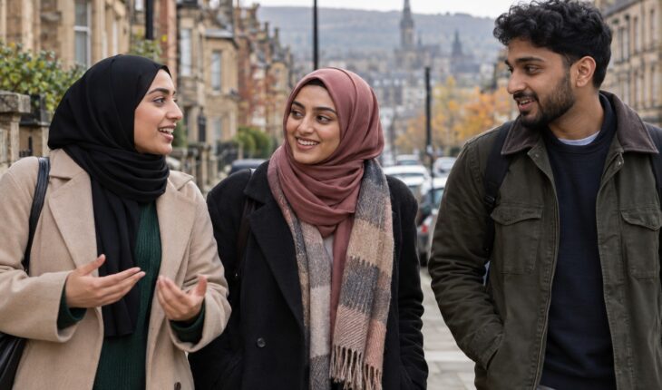 AI-generated illustration of three British Muslim friends talking on a northern England street